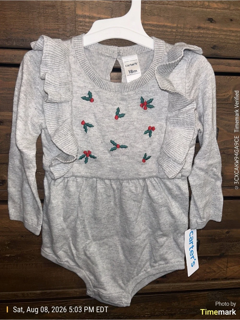 Carter's Gray Long-Sleeve Ruffle Bodysuit with Red Berry Embroidery 18 months